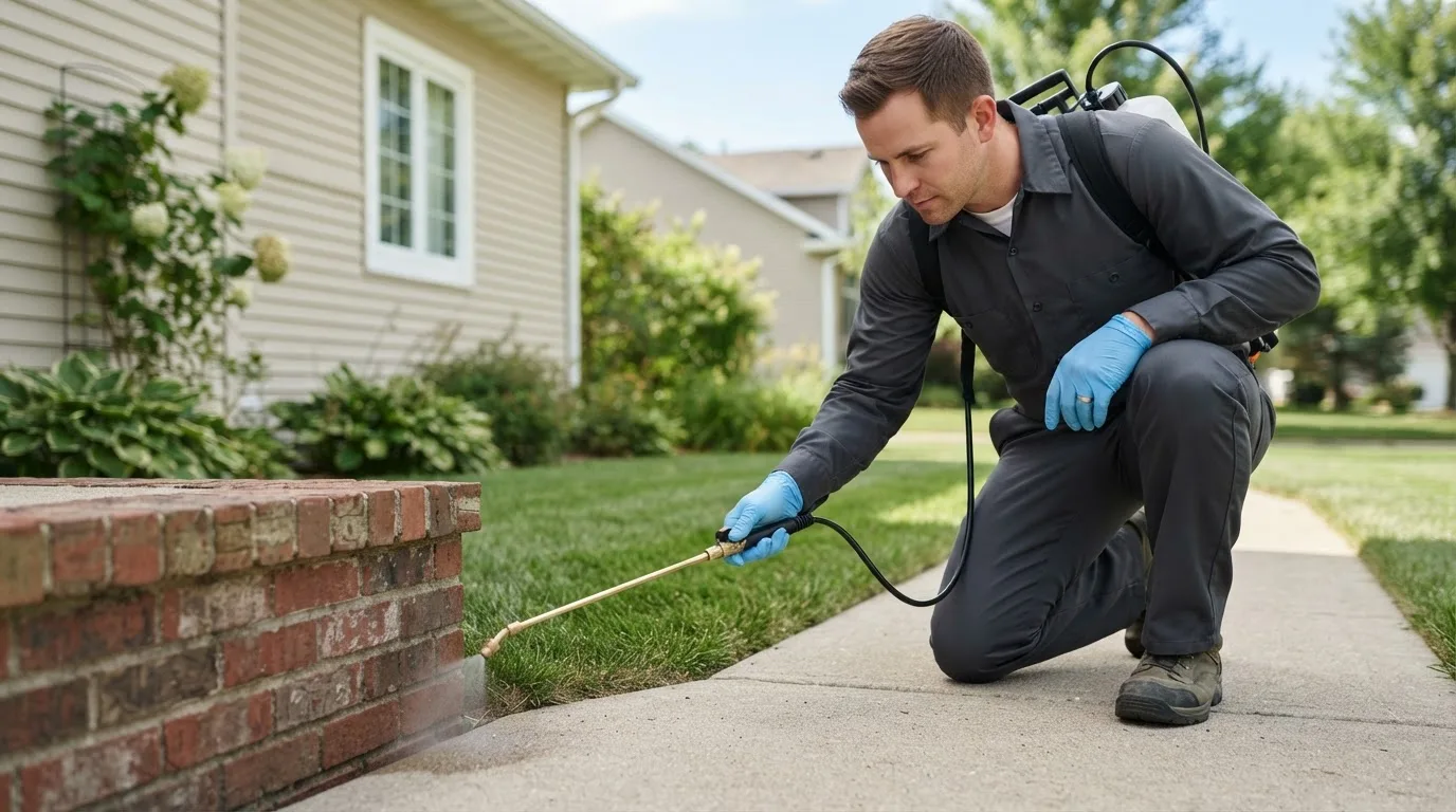 Pest control technician treating a home near Big Rapids, MI