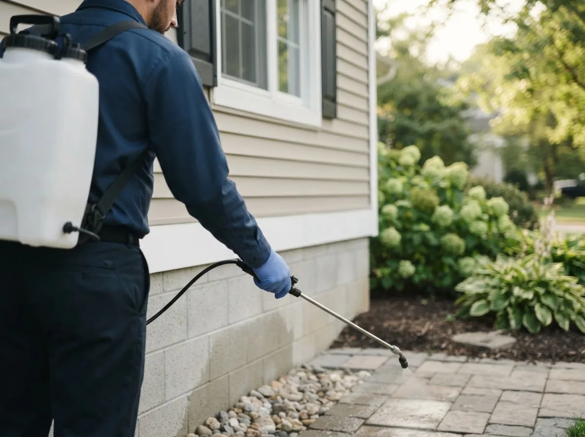 Pest control technician inspecting a home in Big Rapids, MI